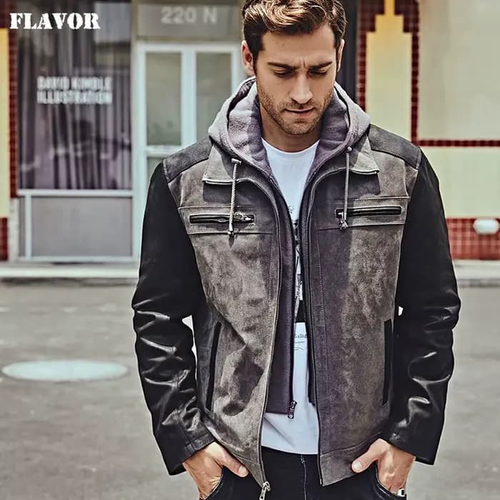 Veste en cuir véritable pour homme FLAVOR avec capuche amovible