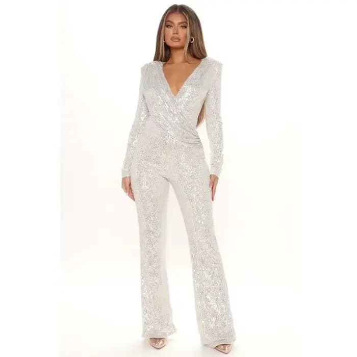 Nouvelle mode paillettes combinaison pour femmes à manches longues col en V drapé automne hiver barboteuses célébrité soirée Club ensemble