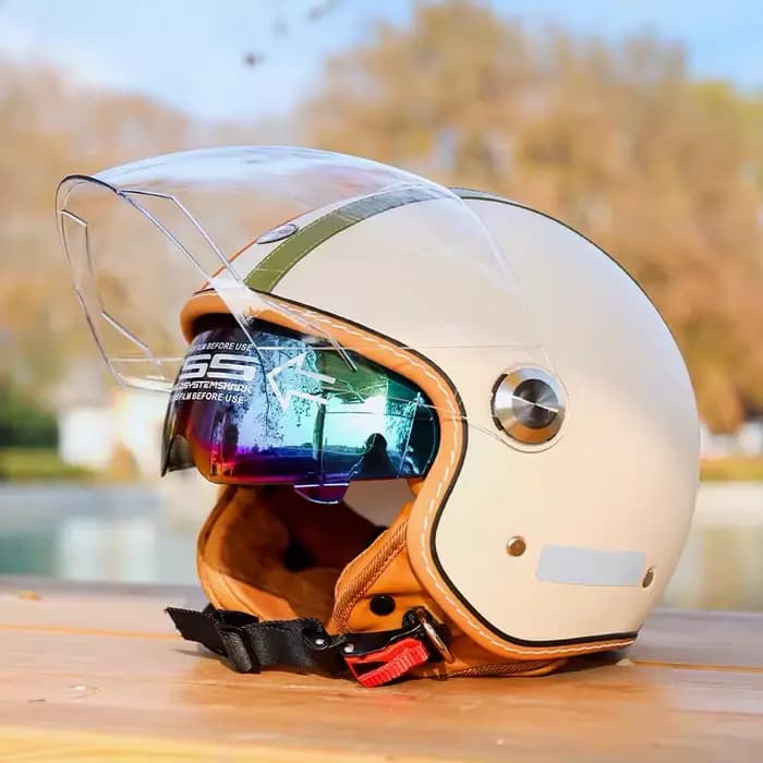 Casque ouvert casques de moto en cuir Vintage Double visière DOT approuvé rétro 3/4 Jet demi-casque avec lentille intérieure