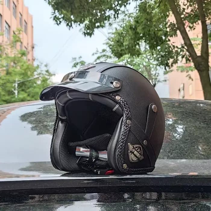 ORZ rétro 3/4 casque de Moto en cuir PU ouvert croisière vélo Casco Vintage Para