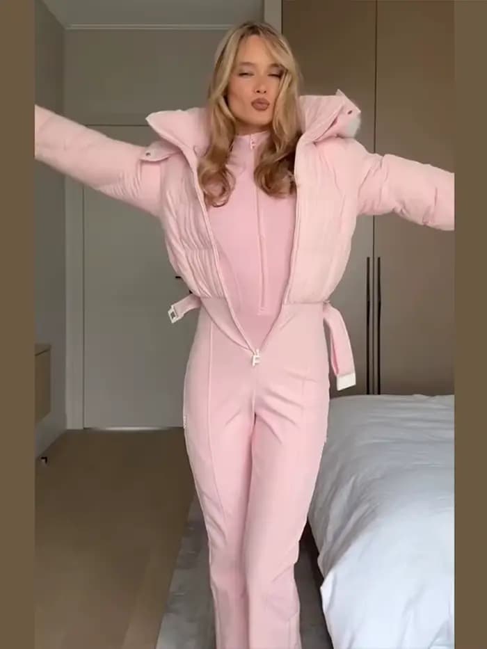 Combinaison en Patchwork de fourrure épaisse rose pour femme, Slim, manches longues, capuche, fermeture éclair, taille haute, vêtements de ski, mode hiver, barboteuse chaude pour dame