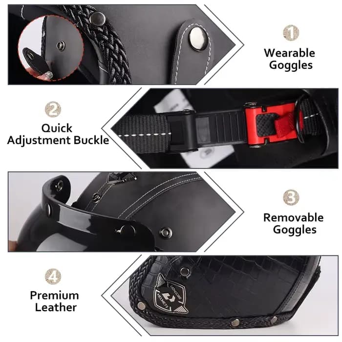 UCHOOSE casque de Moto rétro en cuir PU visage ouvert 3/4 Chopper casques de vélo classique Casco
