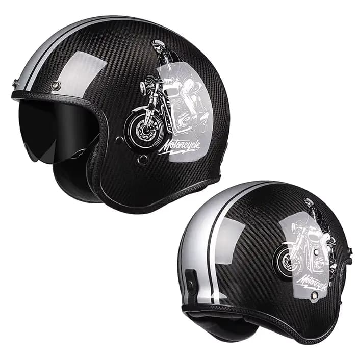 Casque Moto Vintage Jet Rétro 3/4 en Fibre de Carbone Authentique pour Cafe Racer avec Visière Intérieure