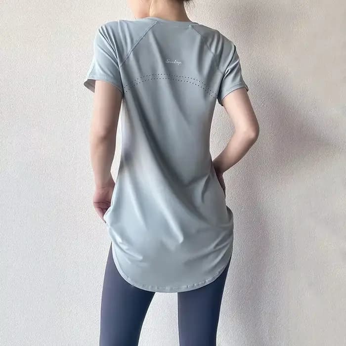 Costume de Yoga pour femmes, manches courtes, nouveau Style d'été, longueur moyenne, couvrant les hanches, amincissant, séchage rapide, haut respirant, Fitness, Sport, T-Sh