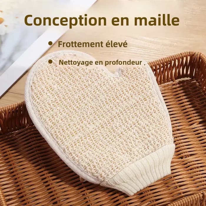 Gant de douche exfoliant 2-en-1, 1 pièce, en coton et lin naturel, exfoliant doux avec texture en maille pour spa à domicile
