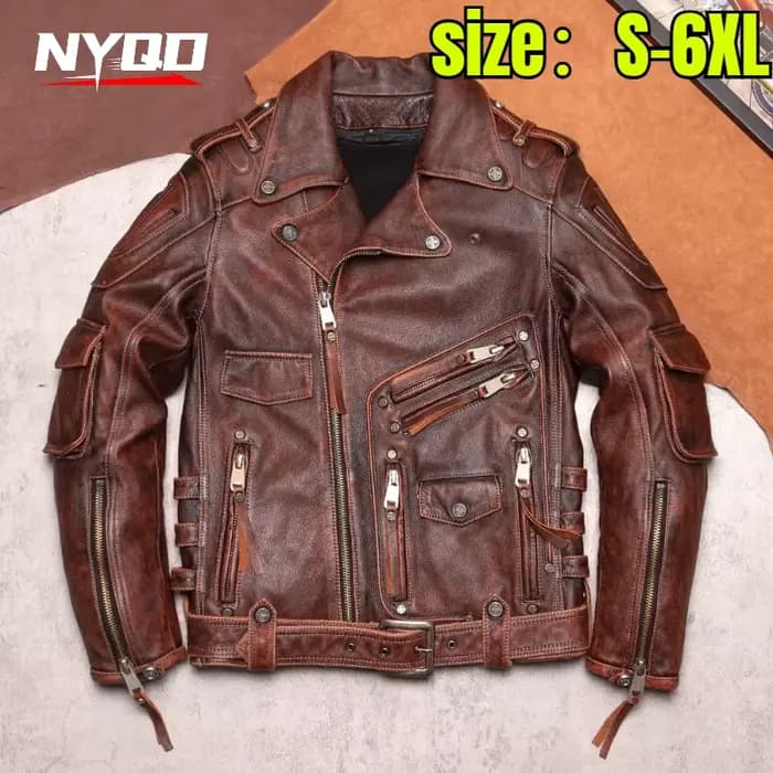 Blouson de moto en cuir marron pour homme