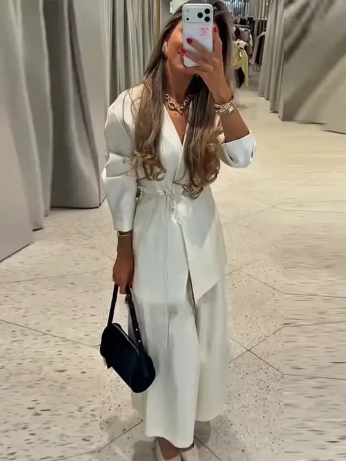 Ensemble élégant pour femme : Manteau et pantalon, haut à manches longues avec dentelle en V, pantalon large, costumes féminins, collection Printemps-Été 2026, ensemble en satin uni pour femme