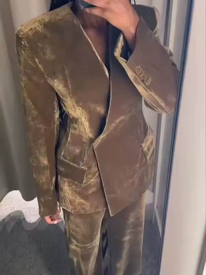 Ensemble pantalon femme HH : Blazer uni à col en V et boucle unique avec poches décoratives + pantalon décontracté ample à fermeture éclair et jambes larges – Style urbain