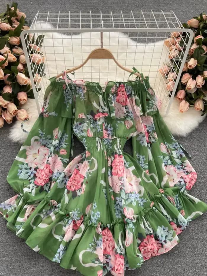 Combinaison de plage en mousseline de soie pour femmes, barboteuse sexy, col bateau, manches à bulles, slim, imprimé floral
