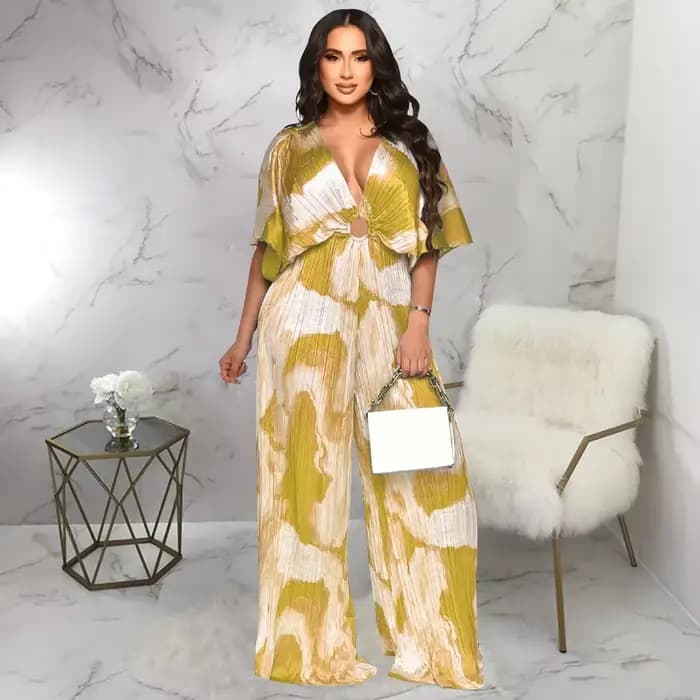 Combinaison plissée imprimée pour femmes, élégante, Sexy, col en v, manches courtes, taille haute, pantalon à jambes larges, décontractée, ample, été