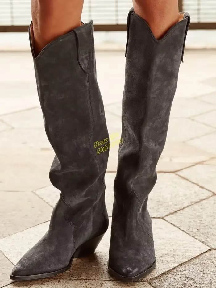 Bottes hautes en daim noir à talon carré, bout pointu sexy, talon moyen, faites à la main, style western cowboy, en cuir noir, Nouveautés