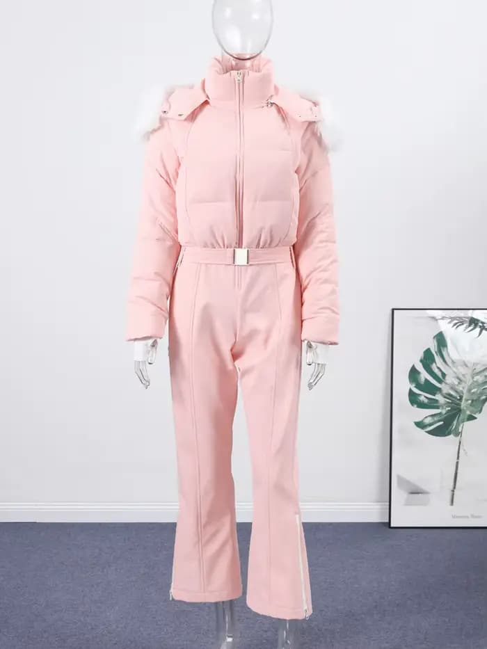 Combinaison en Patchwork de fourrure épaisse rose pour femme, Slim, manches longues, capuche, fermeture éclair, taille haute, vêtements de ski, mode hiver, barboteuse chaude pour dame