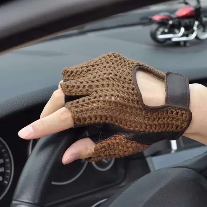 Gants sans doigts en cuir à demi-doigts en maille