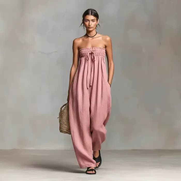 Combinaison en lin sans bretelles pour femme, avec haut bustier élastique à nouer devant, pantalon large avec poches, tenue décontractée d'été pour la plage