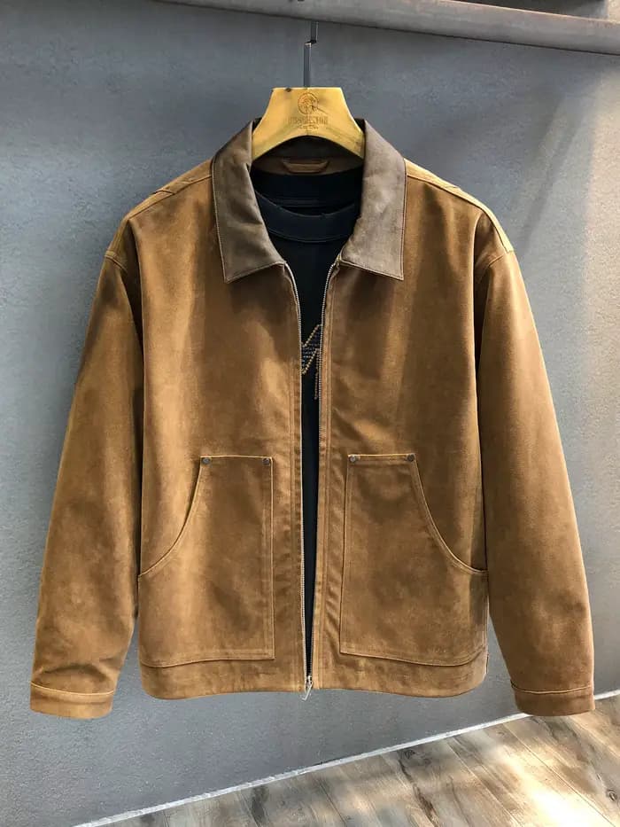 Veste en cuir de moto Amekaji en daim rétro marron foncé avec revers
