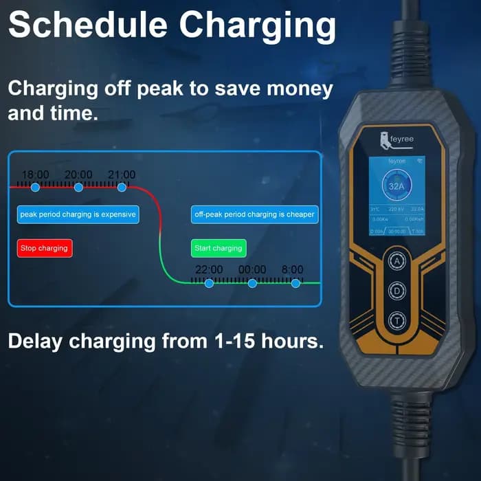 Feyree chargeur EV Portable Type2 32A 7KW EVSE Wi-Fi APP contrôle courant réglable synchronisation intelligente charge pour usage domestique et extérieur