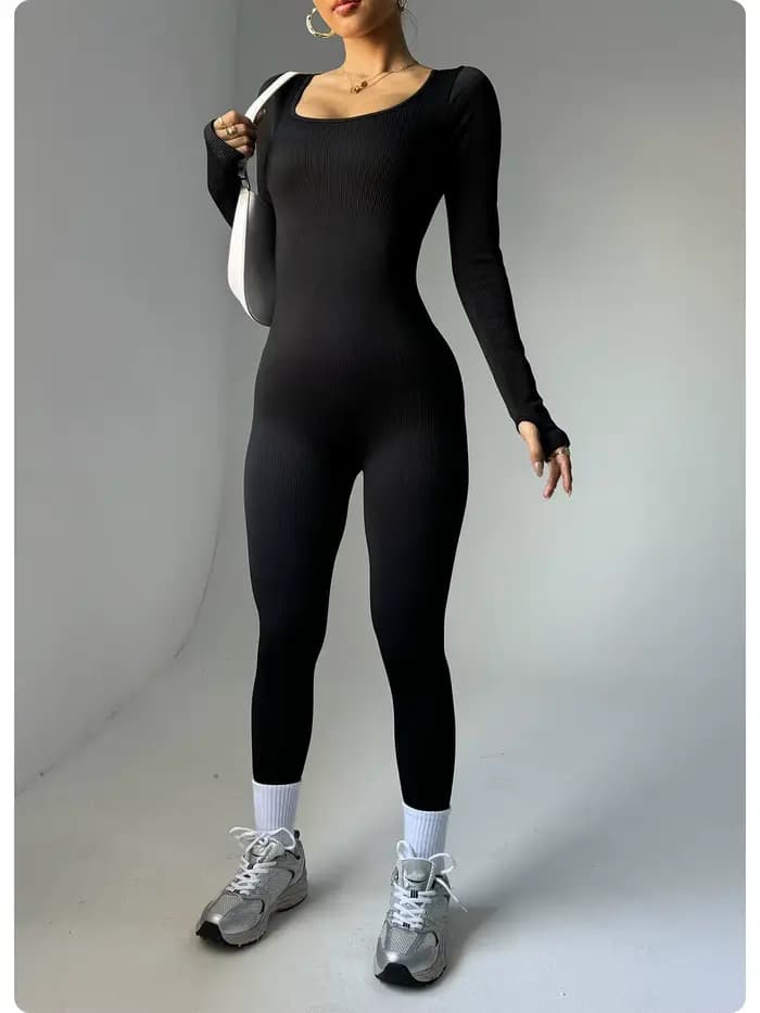 Combinaison de yoga une pièce pour femme, body à manches longues, streetwear sexy à la mode, body de sport décontracté, noir