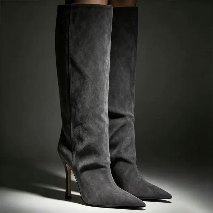 Bottes hautes en daim pour femmes, bottes à talon aiguille pointues et à tige large, 5 couleurs : noir/marron/rouge/gris/camel, bottes hautes pour soirée d'hiver
