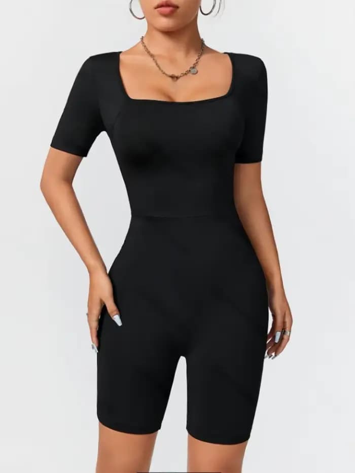Combinaison pour femmes, adaptée à toutes les saisons, coupe cintrée, tricot Simple, haute élasticité, col carré, manches courtes, haut et Short