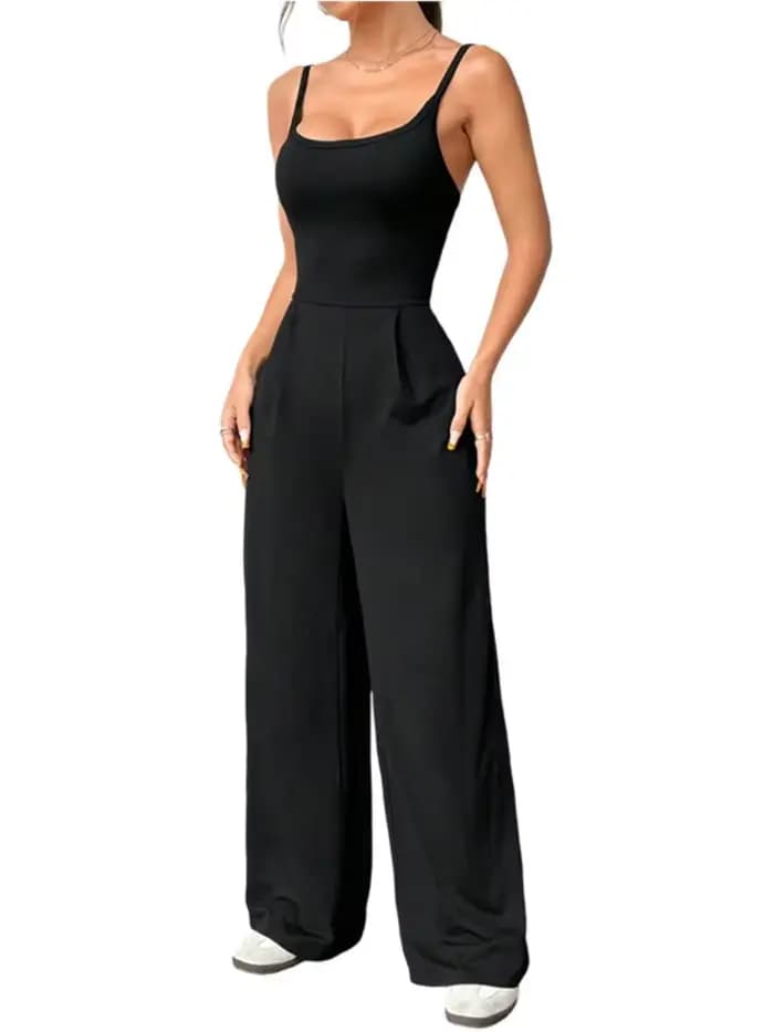 Combinaison décontractée pour femmes, vêtements à bretelles, couleur unie, dos nu, sans manches, jambes larges, pantalon, Style Simple