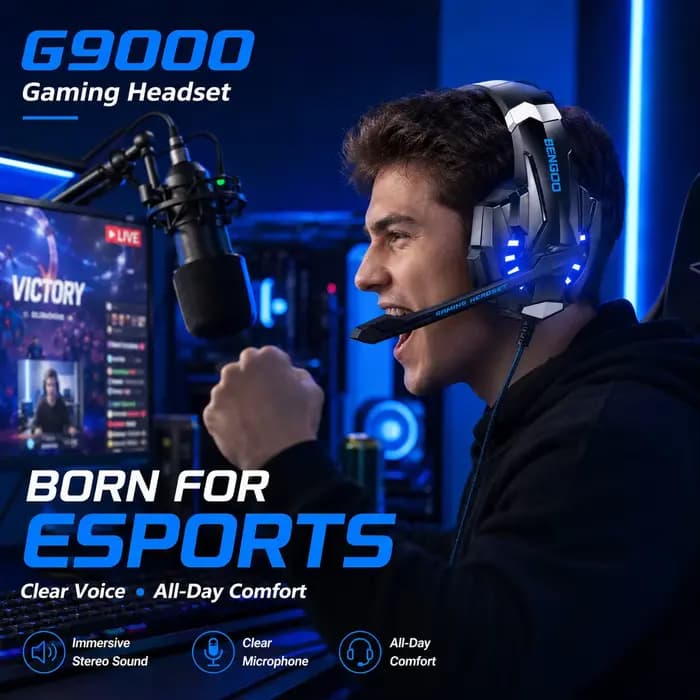 Casque de jeu filaire G9000 avec micro, casque stéréo supra-auriculaire à LED bleue pour PC PS4 PS5 Xbox Switch Ordinateur portable Mobile