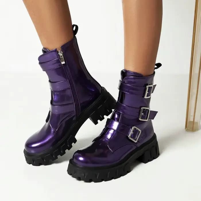 Bottines en cuir PU verni noir violet gothique pour filles occidentales, chaussures Cool d'hiver avec sangle multi-boucles, bottines à plateforme de styliste pour femmes