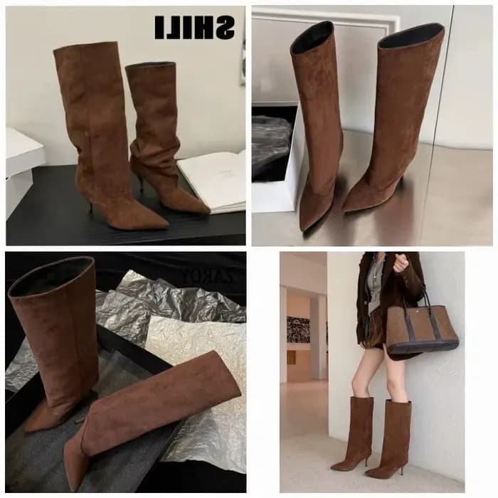 Bottes à talons hauts pointus de 8 cm pour femme, en daim, polyvalentes, mi-mollet, pour banquets, bottines de marque de créateur