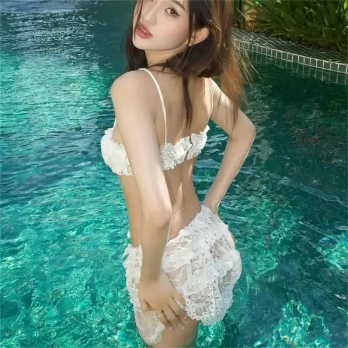 Maillot bain 3 pièces pour femmes, maillot bain à bretelles Spaghetti, avec jupe plage, ensemble costumes