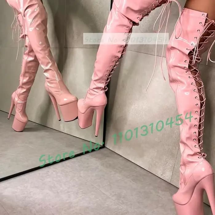 Bottes à plateforme rose en cuir verni brillant pour femmes, cuissardes minces, chaussures à lacets au dos, bout rond Girly, talons fins