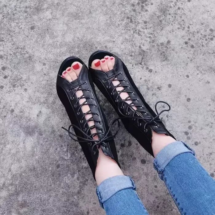 Sandales à lacets talons 9CM chaussures pour femmes été 2024 tendance noir Sexy bottes à bout ouvert mode tissu talons aiguilles Jazz danse femme