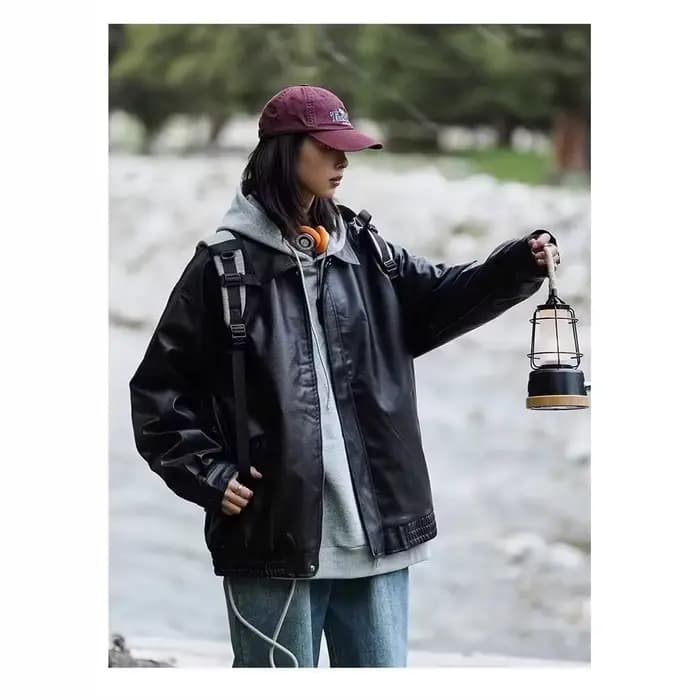 Veste en cuir marron rétro unisexe lâche style moto printemps automne manteau