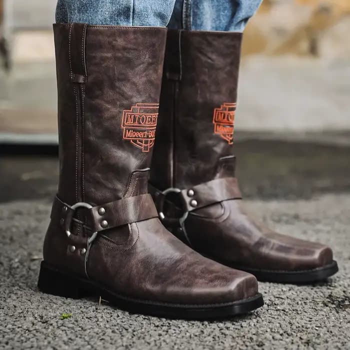 Bottes en cuir pour hommes avec manchon brodé rétro pour bottes de moto, bottes de cowboy western à tige large