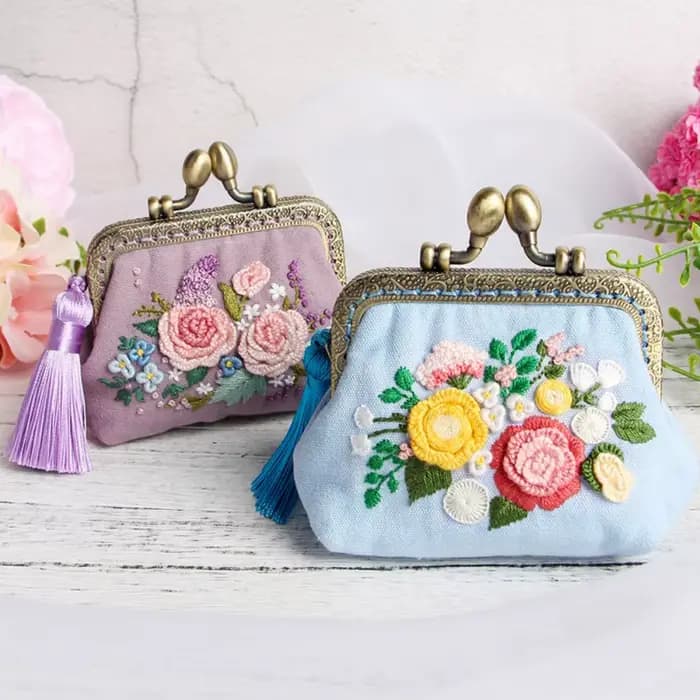 Kit de broderie de fleurs en ruban bricolage, sac à main, portefeuille, sac à main, point de croix pour maire, couture grossier intérieure, artisanat d'art, cadeaux d'ami