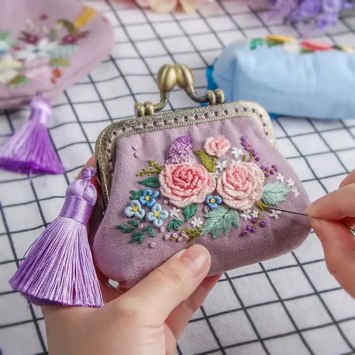 Kit de broderie de fleurs en ruban bricolage, sac à main, portefeuille, sac à main, point de croix pour maire, couture grossier intérieure, artisanat d'art, cadeaux d'ami