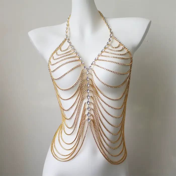 Accessoires sexy pour femmes, chaînes de poitrine en strass et bijoux de corps, design artisanal, parfait pour la plage ou les boîtes de nuit