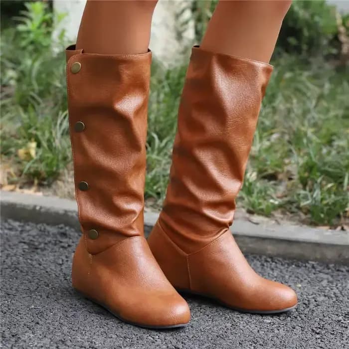 Femmes bottes 2025 hiver nouvelle mode décontracté mi-mollet bottes bout rond boucle grande taille 34-50 dame chaussures Rivet métal décoration
