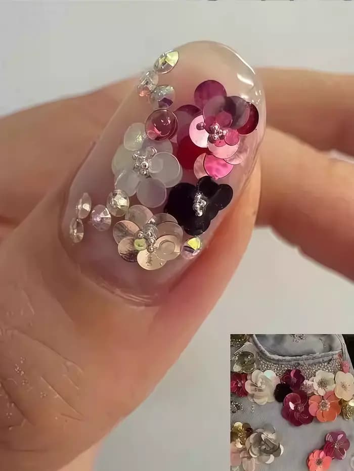 1 pièce d'accessoires pour nail art à 12 compartiments, à pois et pailletés, style Instagram ; accessoires pour nail art rétro à fleurs et paillettes.