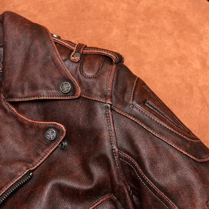 Blouson de moto en cuir marron pour homme