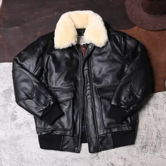 Veste de pilote d'hiver noire en cuir pour hommes