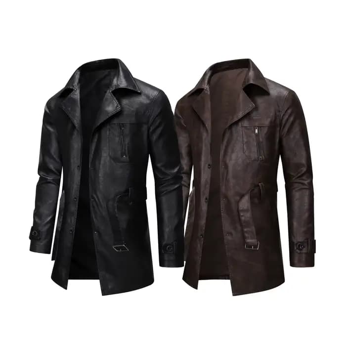 Cool à la mode mi à longue longueur veste en cuir hommes coupe ajustée Double boutonnage
