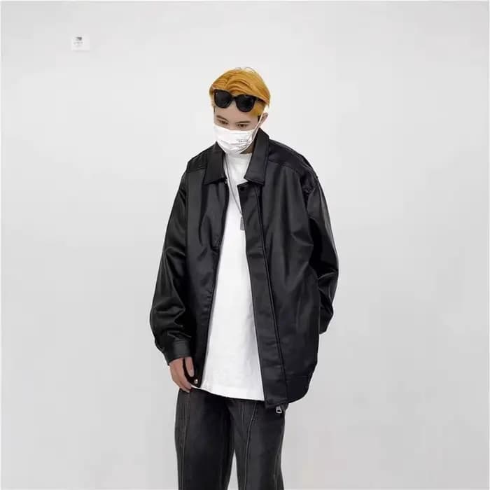 Veste en cuir marron rétro unisexe lâche style moto printemps automne manteau