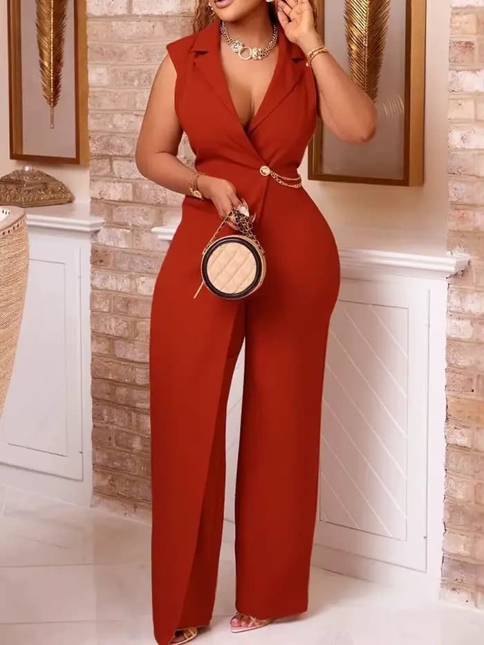Combinaison femme avec chaîne col en V Blazer col pleine longueur combinaison dames été sans manches combinaison en gros livraison directe