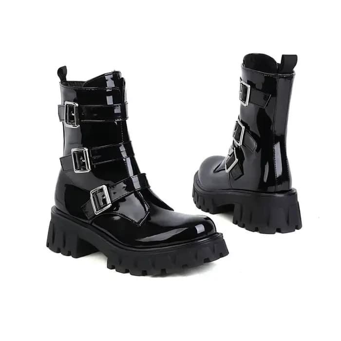 Bottines en cuir PU verni noir violet gothique pour filles occidentales, chaussures Cool d'hiver avec sangle multi-boucles, bottines à plateforme de styliste pour femmes