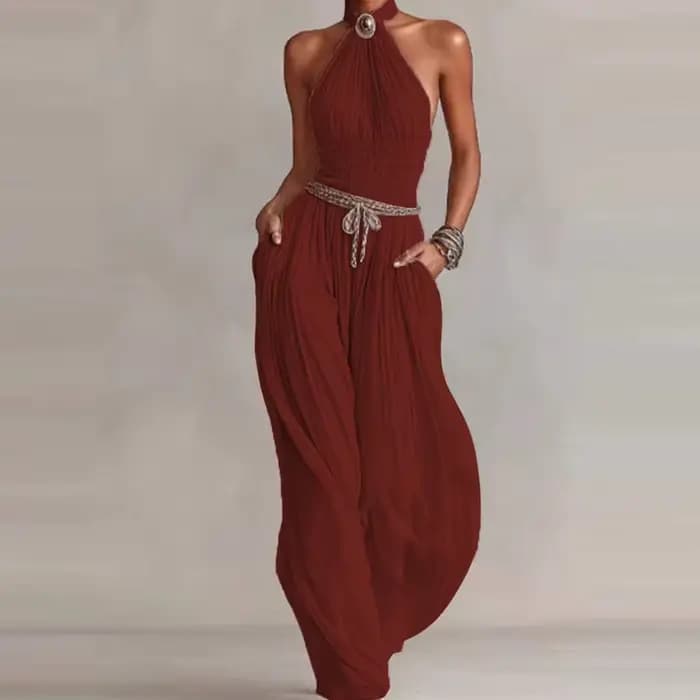 Combinaison élégante dos nu ajourée unie, sexy, à col licou, sans manches, à jambes larges, pour femme, avec taille froncée, style décontracté