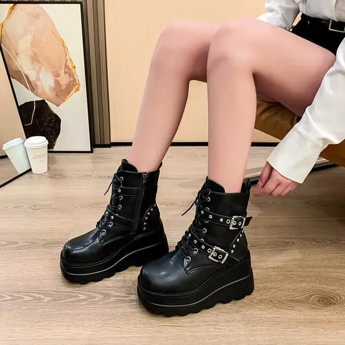 Bottes de moto mi-mollet à boucle de ceinture grande taille pour femme