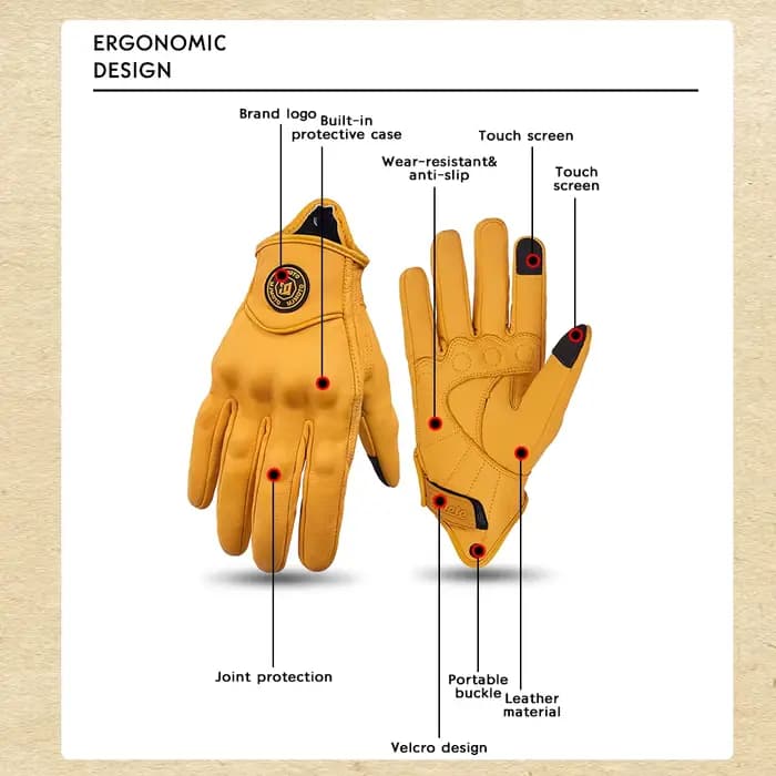 Gants Moto en Cuir de Chèvre Véritable Homme Femme | Écran Tactile Antidérapant Protection Articulations | Style Rétro Motard M-XXL Printemps Été