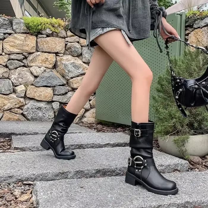 Bottes de moto rondes en cuir PU pour femmes