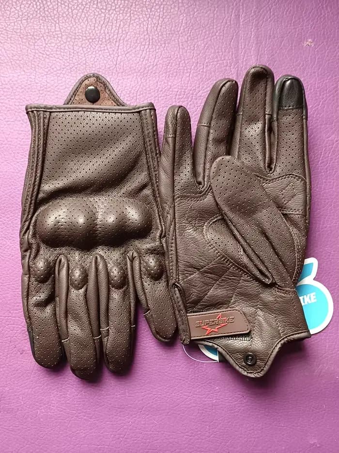 Gants de moto tactiles en cuir marron pour hommes