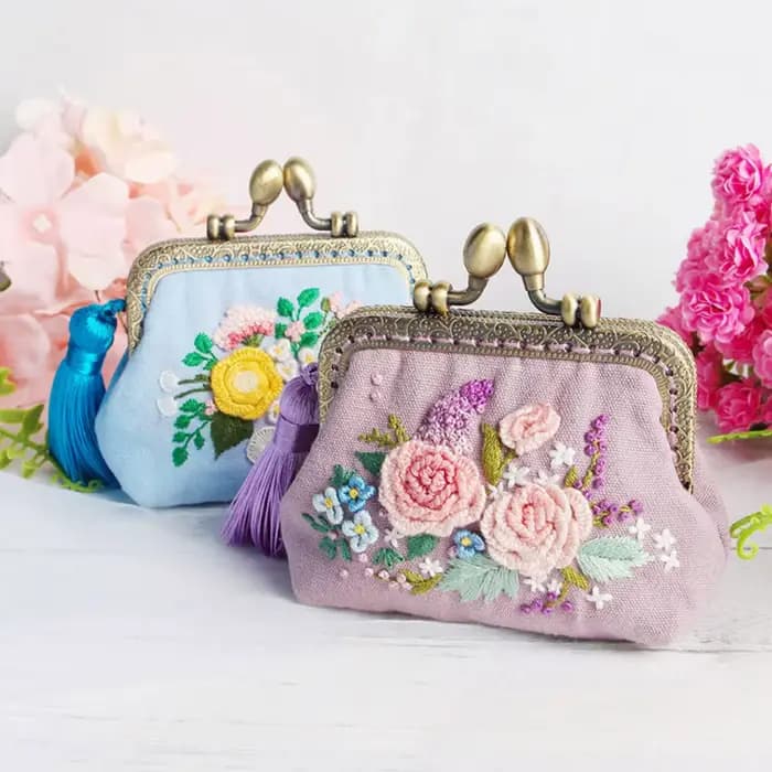 Kit de broderie de fleurs en ruban bricolage, sac à main, portefeuille, sac à main, point de croix pour maire, couture grossier intérieure, artisanat d'art, cadeaux d'ami