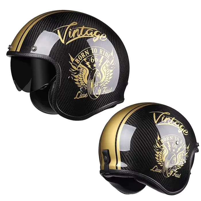 Casque Moto Vintage Jet Rétro 3/4 en Fibre de Carbone Authentique pour Cafe Racer avec Visière Intérieure